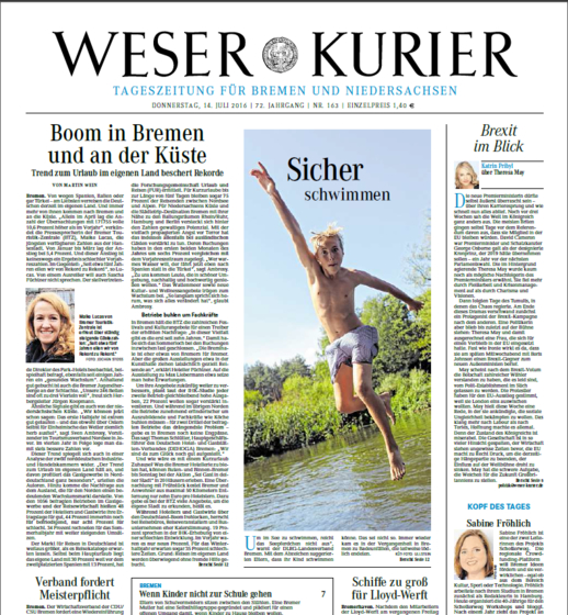 Weser Kurier Titelseite Ausschnitt 14. Juli 2016